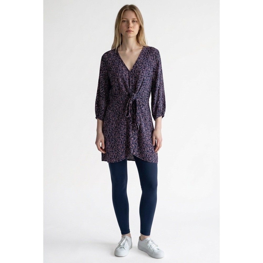 Free People Medium‎ Boho Floral Mini Dress Viscose Tie Front Navy Pink